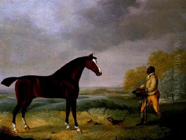 A Bay Hunter With Black Groom And A Terrier In An Open Landscape - view 1