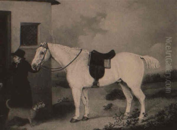 Portrait Of A Grey Hunter, A Groom And A Terrier Before A Stable by Henry Bernard Chalon