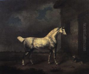 Grey Hunter And A Terrier Outside A Stable