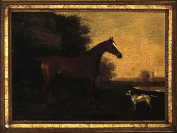 A Bay Hunter In A River Landscape With A Dog - view 1