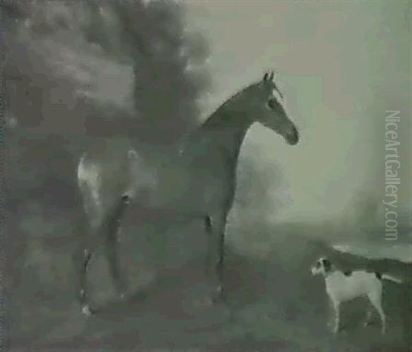 A Bay Hunter In A River Landscape With A Dog - view 1