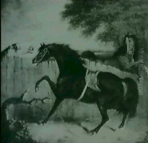 The Racehorse Smolensko, Beside A Fence, In A Heated Exchange With Two Horses by Henry Bernard Chalon