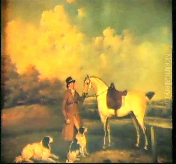 A Groom Standing With A Spotted Bay Mare And Two English Setter, In A Landscape - view 1