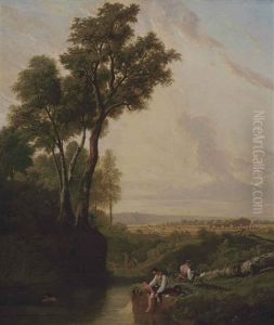 A River Landscape With Bathers, Haymaking Beyond