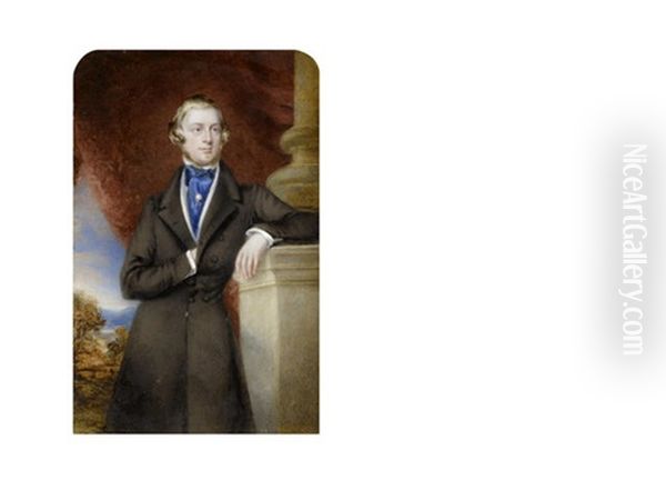 Sir Frederick Acclom Milbank, 1st Baronet (1820-1898), Standing Before Drapery And A Landscape Vista, Wearing Brown Coat, White Waistcoat, Chemise And Blue Cravat Secured With Pearl Cravat Pin - view 1