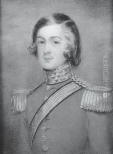 James R. Steadman Wearing The Uniform Of The 1st Dragoon Guards, Scarlet Coat With Gold Epaulettes, Collar, Buttons And Sword Belt