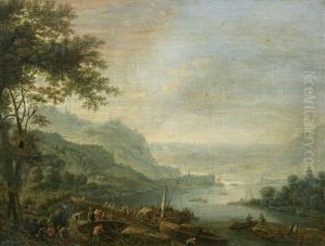 An Extensive River Landscape With Figures By The Shore by Louis Chalon