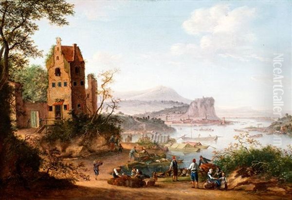 Italianiserend Landschap Met Vissersboten En Figuren Bij Een Rotskust - view 1
