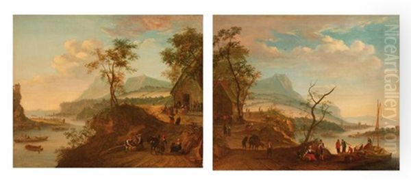 Scene De Peche Dans Un Paysage Montagneux (+ Personnages Devant Une Chaumiere Dans Un Paysage Fluvial; Pair) - view 1