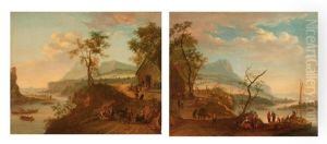 Scene De Peche Dans Un Paysage Montagneux (+ Personnages Devant Une Chaumiere Dans Un Paysage Fluvial; Pair) by Louis Chalon