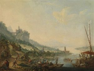 Flusslandschaft Mit Einem Fahrboot Und Einer Hochgelegenen Burg by Louis Chalon