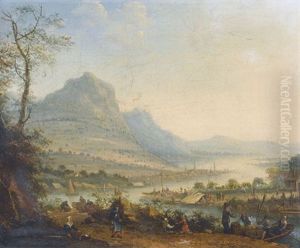 Idyllische Rheinlandschaft Mit Figurenstaffage