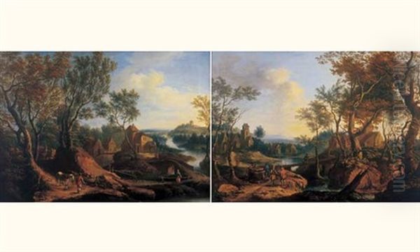 Paysage De Riviere Anime De Promeneurs (+ Another; Pair) - view 1