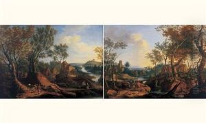 Paysage De Riviere Anime De Promeneurs (+ Another; Pair) by Louis Chalon