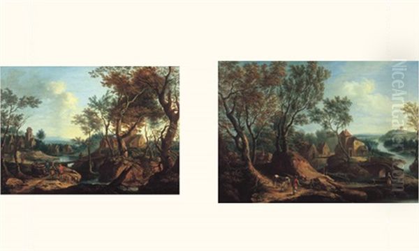 Paysage De Riviere Anime De Promeneurs (+ Another, Similar; Pair) - view 1