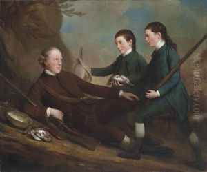 Portrait Of George Lindsay-crawford, 21st Earl Of Crawford (1728-1781), Full-length, Seated On A Bank, Holding A Gun, With His Sons