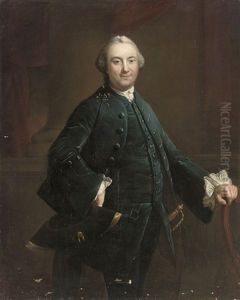 Portrait Of A Gentleman, Three-quarter-length, In A Blue Velvet Coat And Waistcoat, A Black And Gold Embroidered Hat In His Right Hand by Mason Chamberlin