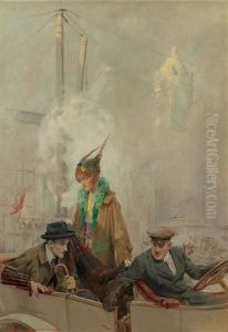 Couple With Chauffeur, Possible Magazine Interior Story Illustration by Charles Edward Chambers