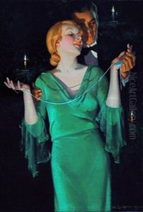 Woman In Green Receiving Necklace For Christmas (american Magazine) by Charles Edward Chambers