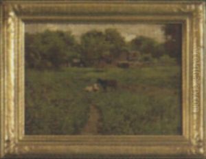 Pastoral Landscape With Two Cows In A Green Pasture And Barns In The Background by George W. Chambers