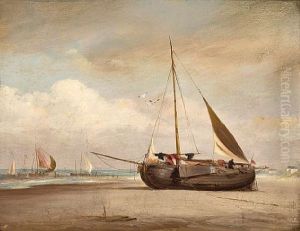 A Dutch Lugger Beached At Low Tide by George William Crawford Chambers