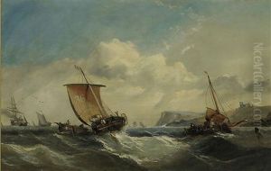 Fishing Vessels In A Heavy Swell Off Whitby by George William Crawford Chambers