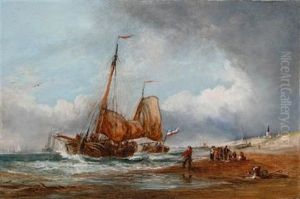 Fishing Boats Off A Beach On A Breezy Day