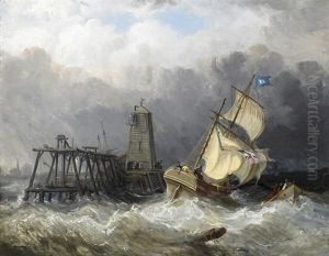 An Mole Anlandende Fischerboote Und Zweimaster In Sturmischer See by George William Crawford Chambers