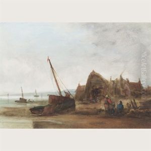 Fish Huts And Fisherfolk On A Beach by George William Crawford Chambers