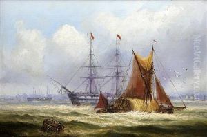 A Haybarge Passing A Warship In The Medway With Chatham Dockyard Beyond