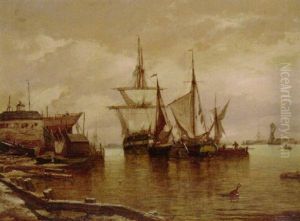 Shipping At Anchor Off The Boatyard by George William Crawford Chambers