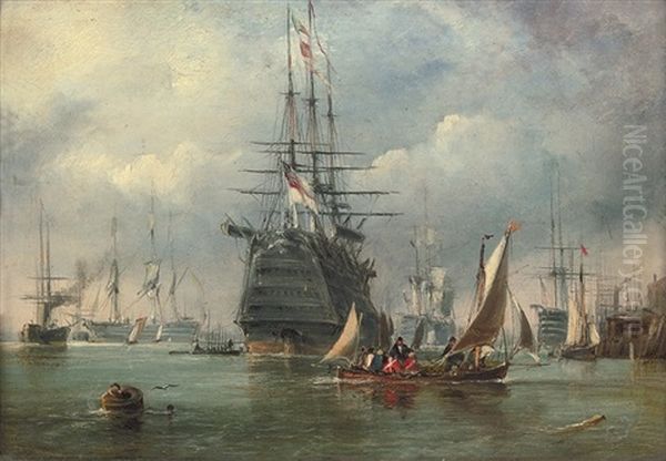 A Large First Rate And Other Warships Lying In The Harbor At Portsmouth - view 1