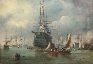 A Large First Rate And Other Warships Lying In The Harbor At Portsmouth by Sir George Chambers