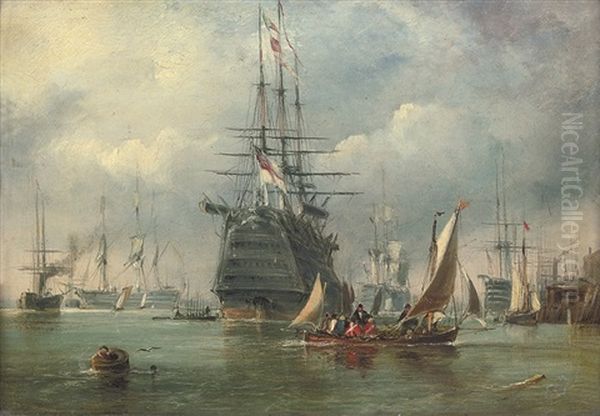 A Large First Rate And Other Warships Lying In Portsmouth Harbour - view 1