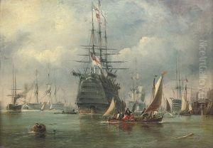 A Large First Rate And Other Warships Lying In Portsmouth Harbour by Sir George Chambers