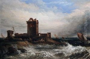 A Coastal Scene With A Ruined Tower And Sailing Boats In Choppy Seas by Sir George Chambers