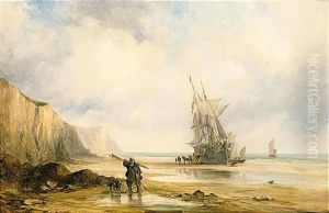 A Fisherman Returning Home, A Vessel Grounded At Low Tide Beyond
