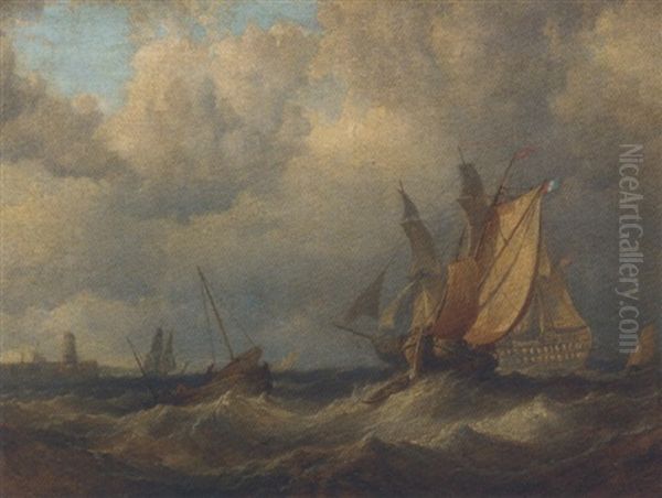 A Royal Naval Two-decker Backing Her Sails And Making Ready To Enter Port - view 1