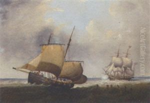 A Naval Brig Astern Of An Armed Lugger Firing A Shot by Sir George Chambers