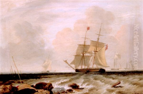 A Two Master And Other Shipping Off A Rocky Coast - view 1
