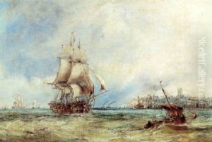 A View Of Folkstone Harbour With A Frigate And A Fishing Smack