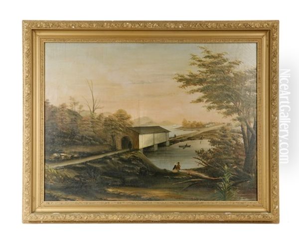 Hudson River Landscape With Covered Bridge And Causeway, Small Village - view 1