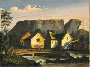 Riverside Buildings Below A Cliff by Thomas Chambers