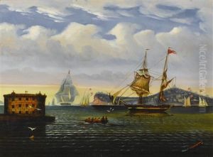 New York Harbor With Castle Garden And Ships by Thomas Chambers