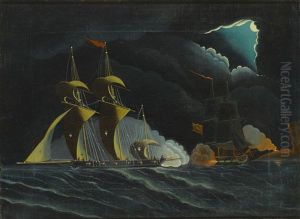 Seascape, Night Scene With Pirate Ships And Cutter Firing Cannon