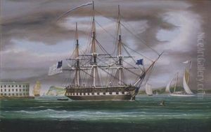 "uss Constitution" In New York Harbor Off Castle Williams With Staten Island In The Distance by Thomas Chambers