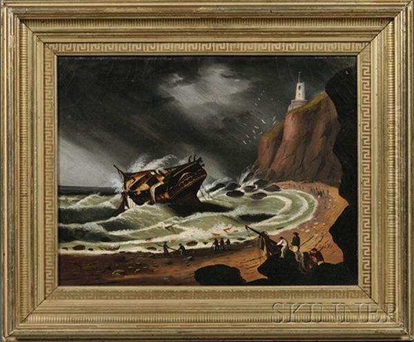 Shipwreck Off A Rocky Coast With Figures Gathering Debris And Distant Lighthouse - view 1