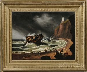 Shipwreck Off A Rocky Coast With Figures Gathering Debris And Distant Lighthouse by Thomas Chambers