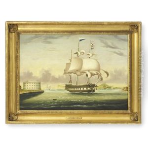 Packet Ship "george Washington" Entering New York Harbor by Thomas Chambers