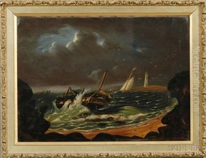 Shipwreck Off A Rocky Coast With Distant Lighthouse by Thomas Chambers